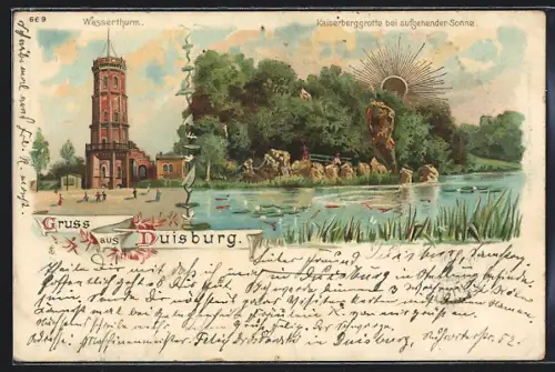 Sonnenschein-Lithographie Duisburg, Kaiserberggrotte im Sonnenschein mit Wasserthurm