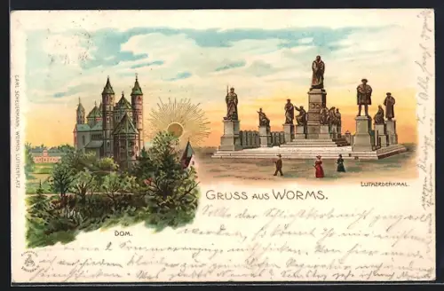 Sonnenschein-AK Worms, Dom, Lutherdenkmal