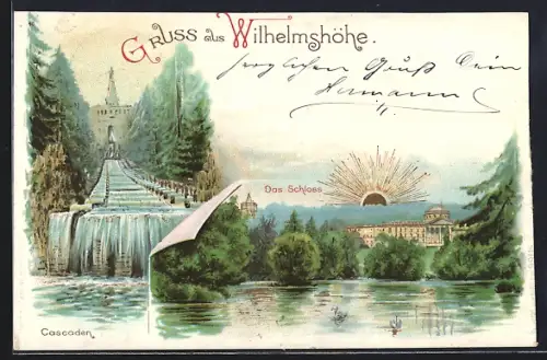 Lithographie Kassel-Wilhelmshöhe, Schloss, Cascaden