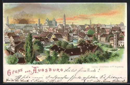 Sonnenschein-AK Augsburg, Gesamtansicht mit Sonnenaufgang