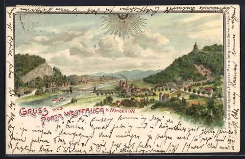 Sonnenschein-AK Porta Westfalica, Blick auf die Ortschaft
