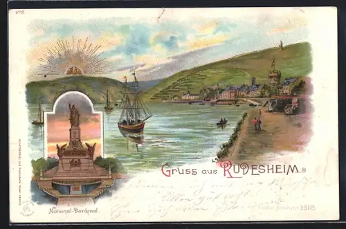 Sonnenschein-AK Rüdesheim / Rhein, National-Denkmal, Ortsansicht