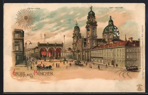 Sonnenschein-AK München, Theatinerkirche, Feldherrnhalle