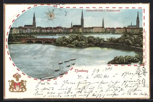 Sonnenschein-AK Hamburg-Neustadt, Lombardsbrücke und Stadtansicht