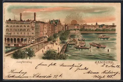 Sonnenschein-AK Hamburg-Neustadt, Jungfernstieg mit aufgehender Sonne