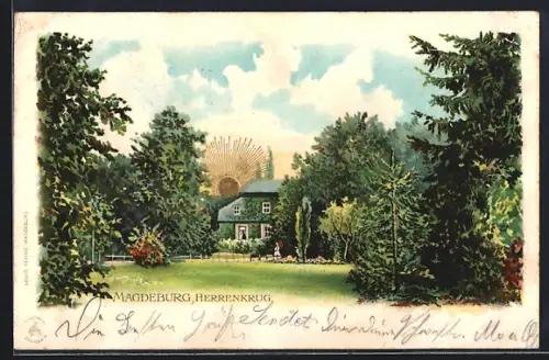 Luna-AK Magdeburg, Gasthaus Herrenkrug, Gartenansicht