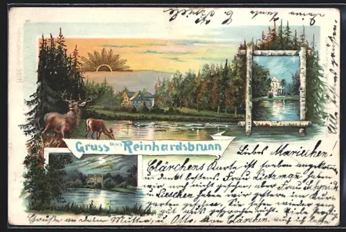 Lithographie Reinhardsbrunn, Uferpartie bei Sonnenschein, Ortspartien