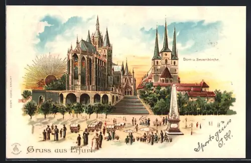 Sonnenschein-AK Erfurt, Blick auf den Dom und die Severikirche