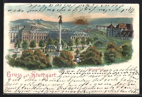 Künstler-AK Stuttgart, Gedenksäule auf dem Schlossplatz