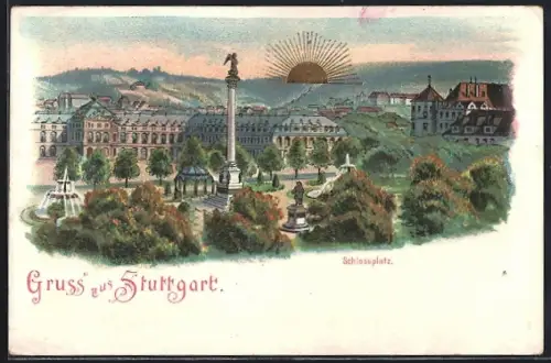 Künstler-AK Stuttgart, Gedenksäule auf dem Schlossplatz