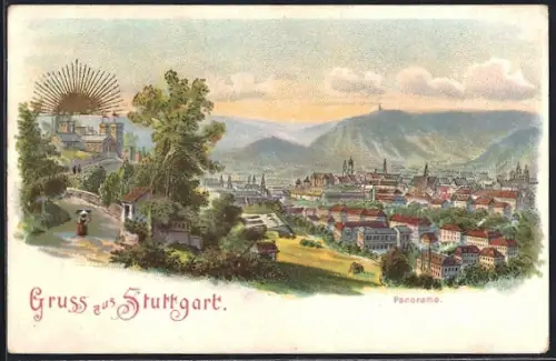 Künstler-AK Stuttgart, Blick über die gesamte Stadt