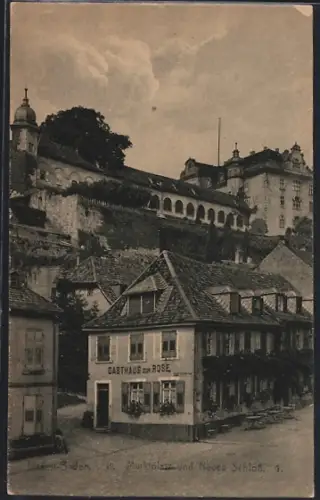 AK Baden-Baden, Marktplatz mit Gasthaus Zur Rose und dem Neuen Schloss