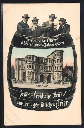 AK Trier, Porta Nigra, Männer beim Wein