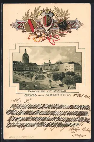 Passepartout-Lithographie Mannheim, Paradeplatz mit Kaufhaus, geprägte Wappen