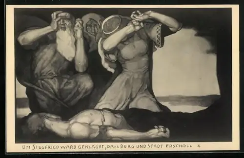 AK Nibelungenlied, Um Siegfried ward geklaget, dass Burg und Stadt erscholl
