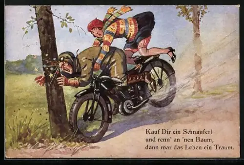 AK Pärchen auf einem Motorrad prallt gegen einen Baum
