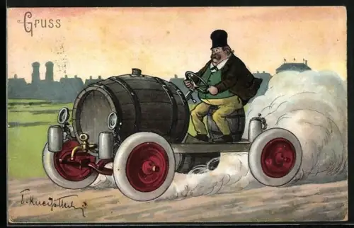 AK München, Mann im Auto mit Bierfass und Bierseideln vor den Toren der Stadt