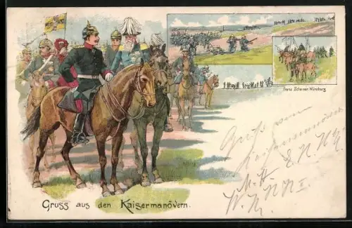 Lithographie Kaisermanöver, Hoch dekorierter Heerführer zu Pferd, Gefechtsszenen der Infanterie & Kavallerie