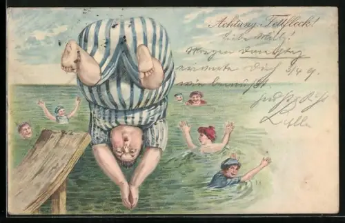 Lithographie Achtung Fettfleck, korpulenter Herr in Bademode springt ins Wasser