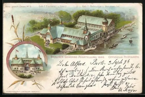 Lithographie Berlin, Gewerbe Ausstellung 1896, Geb. f. Fischerei u. Sport, Geb. f. Nahrungs- u. Genussmittel