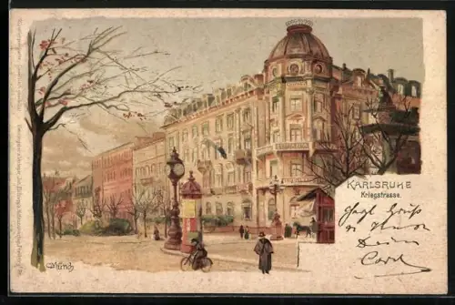 Künstler-AK Carl Münch: Karlsruhe, Kriegerstrasse mit Litfasssäule