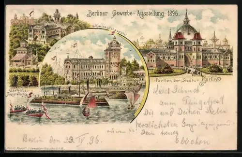 Lithographie Berlin, Gewerbe-Ausstellung 1896, Pavillon der Stadt Berlin, Marine-Schauspiel mit Dampfer
