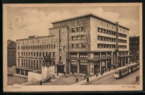 AK Essen, Lichtburg mit Strassenbahn