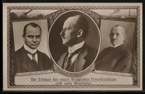 AK Erbauer d. neuen Kruppschen Fern-Geschützes Prof. Dr. Rausenberger u. Mitarbeiter, Kanone, Rhein mit Eiffelturm