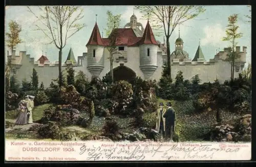 AK Düsseldorf, Kunst- u. Gartenbau-Ausstellung 1904, Alpiner Felsengarten mit Hauptrestaurant Rückseite