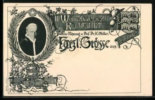 AK III. Württemberger Romfahrt von Prof. Dr. K. Miller 1903, Porträt Papst Leo XIII., Tiara
