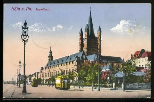 AK Köln, Stapelhaus mit zwei Strassenbahnen