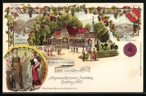 Lithographie Hamburg, Allgemeine Gartenbau-Ausstellung 1897, Deutsches Weinhaus Zum Weinschmidt