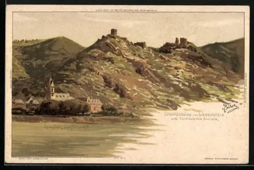 Künstler-AK Carl Biese: Bornhofen, Kloster mit Sterrenberg und Liebenstein, Die feindlichen Brüder