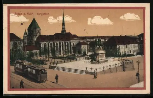 AK Essen a. Ruhr, Burgplatz mit Denkmal und Strassenbahn