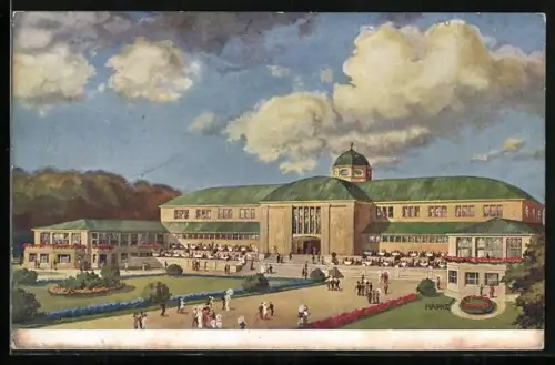 AK Essen, Gewerbeschau 1913, Grosse Halle, Gartenseite mit Restaurant, Cafe und Terrassen