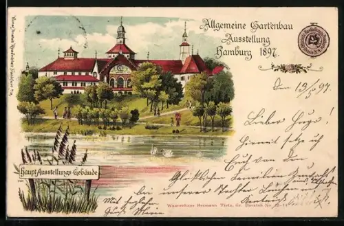 Lithographie Hamburg, Allg. Gartenbau-Ausstellung 1897, Haupt-Ausstellungs-Gebäude