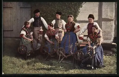 AK bayerische Tracht, Spinnstrube in Heidritt