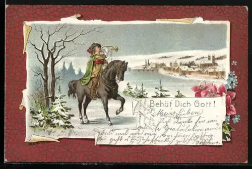 AK Behüt Dich Gott!, Trompeter zu Pferde vor der Stadt im Winter