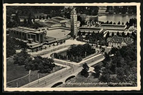 AK Magdeburg, Blick auf Ausstellungsgebäude, Fliegeraufnahme
