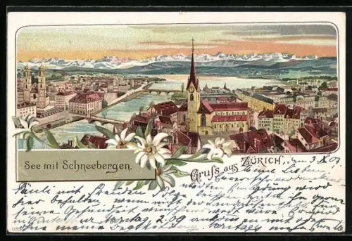 Lithographie Zürich, See mit Schneebergen und Kirche