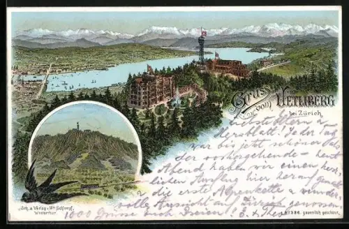 Lithographie Zürich, Uetliberg, Zürichsee und Stadt