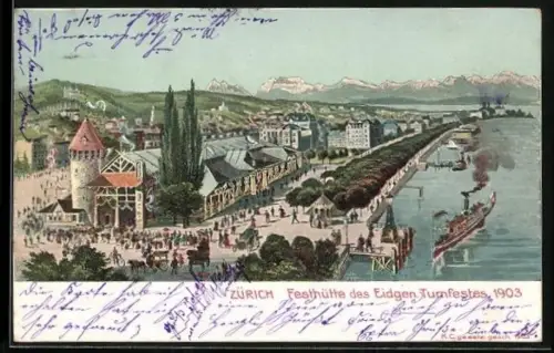 AK Zürich, Festhütte des Eidgen Turnfestes 1903, Dampfschiff legt an, grosse Halle und Gebirge