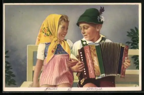 AK Mädchen und Junge in Trachten mit Akkordeon