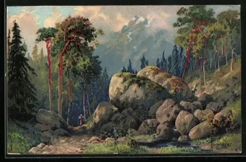 Künstler-AK Robert Kämmerer: Riesige Felsbrocken an einem bewaldeten Berghang