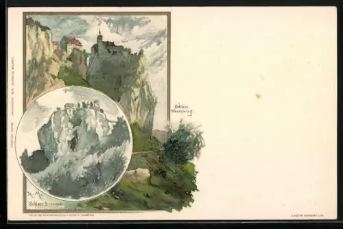 Künstler-AK K. Mutter: Beuron, Schloss Bronnen & Schloss Werenwag