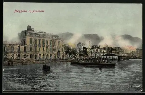 AK Messina in Flammen nach Erdbeben
