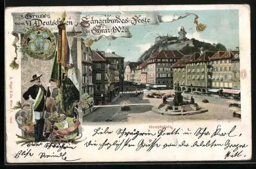 Lithographie Graz, Hauptplatz mit Denkmal, VI. Deutsches Sängerbund-Fest