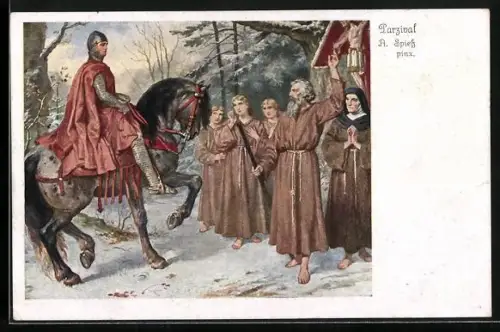 AK Parsival zu Pferd bei den Mönchen