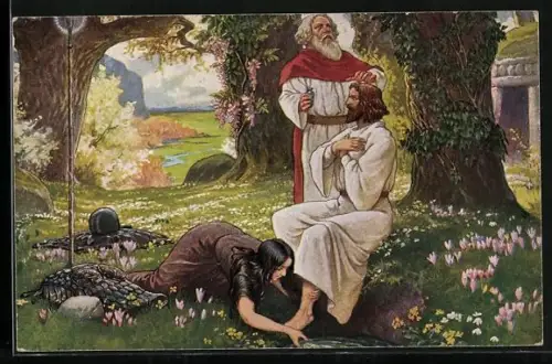 Künstler-AK Parsifal, die Taufe Parsifals durch Gurnemanz und Kundry