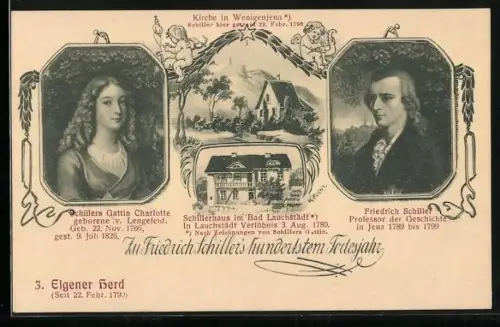 AK Bad Lauchstädt, Schillerhaus, Kirche in Wenigenjena, Portraits Schiller und Gattin